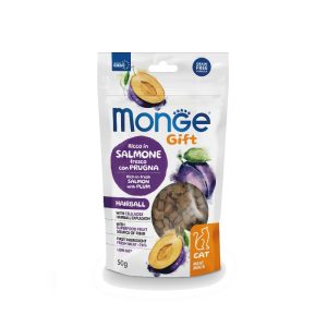 Monge Gift Meat Minis Adult Hairball – Rich in Fresh Salmon with Plum denta poslastica sa svežim lososom i šljivom 50g