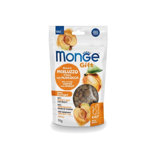 Monge Gift Meat Minis Adult Skin Support – Rich in Fresh Codfish with Apricot funkcionalna poslastica sa svežim bakalarom i kajsijom 50g